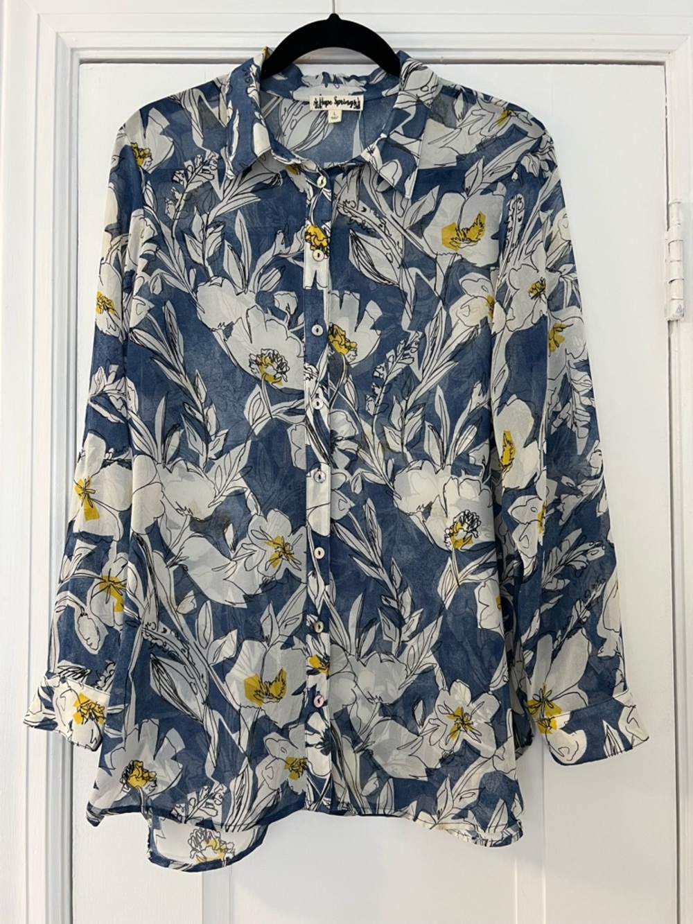 Hope Springs Blue and White Floral Button-Up Sheer Blouse Size L - Picture 2 of 6
